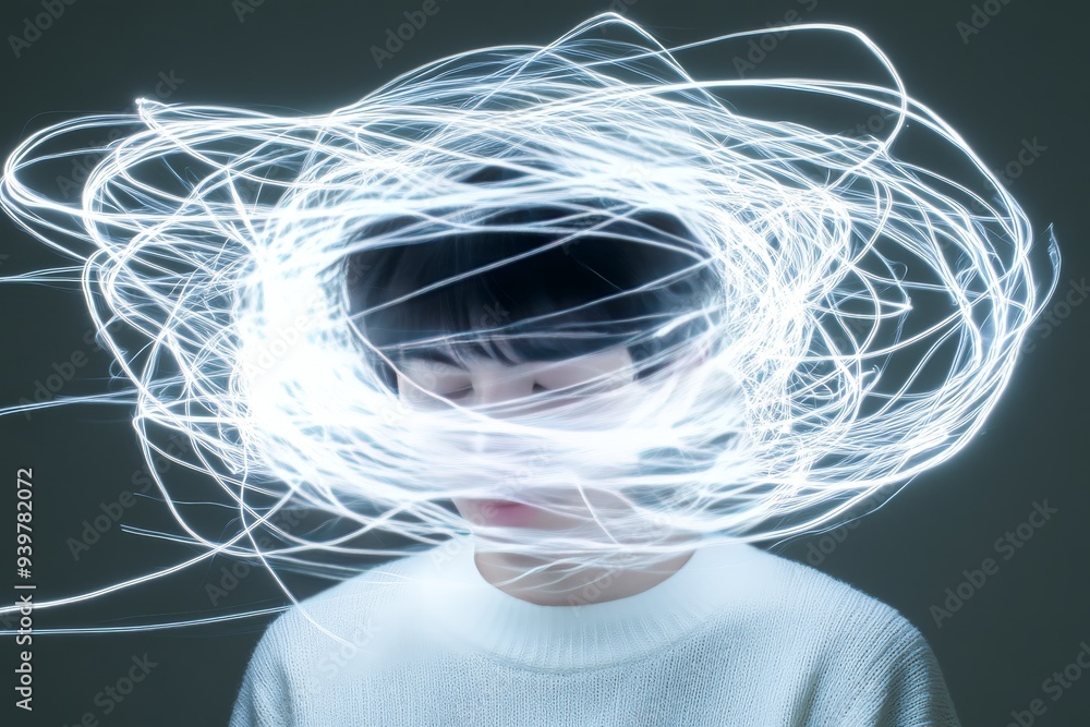 Perfil de uma pessoa cercada por linhas brilhantes emaranhadas simbolizando a complexidade e a confusão do pensamento humano em um ambiente conceitual abstrato moderno